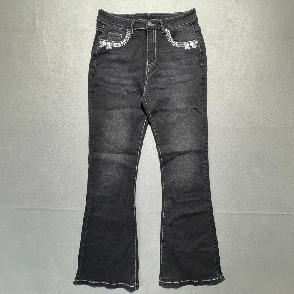 Black Embroidered High Waisted Flare Jeans High Rise Size L